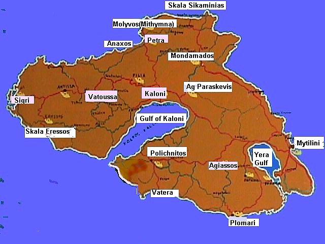 Map of Lesvos (Mytilini) Greece